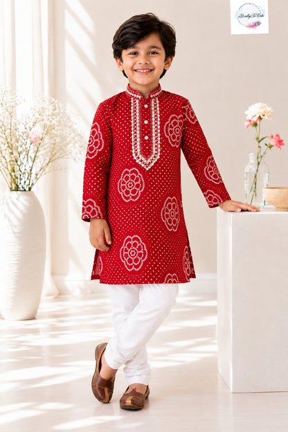Red Bandhani Pure Cotton Kurta Pajama Set for Boys | Ages 6M-15 Y