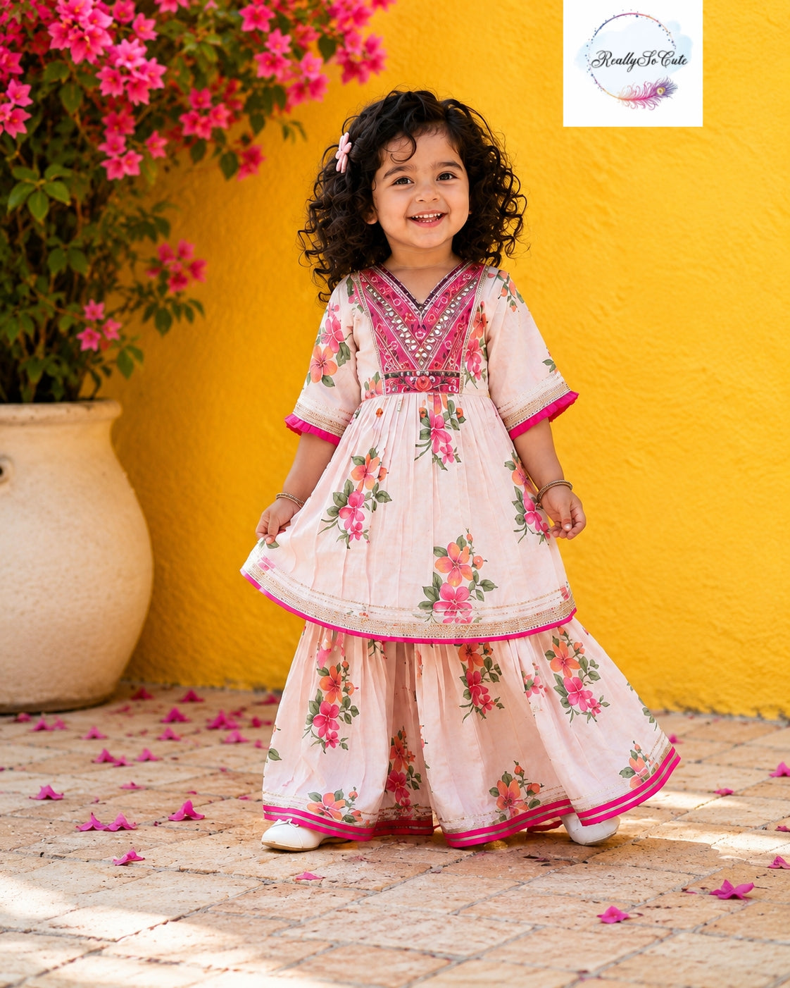 Blush Pink Floral Cotton Sharara Set for Girls | Embroidered Ethnic Wear with Tassel Tie | Sizes 3M–10 Years