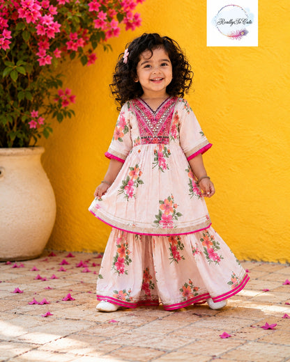 Blush Pink Floral Cotton Sharara Set for Girls | Embroidered Ethnic Wear with Tassel Tie | Sizes 3M–10 Years