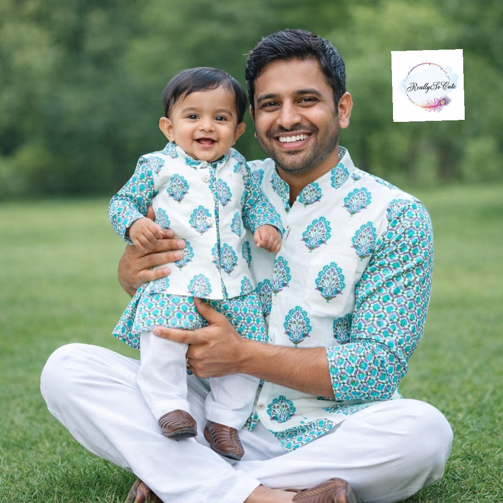 Men's Block print cotton kurta pajama, blue kurta set with jacket.