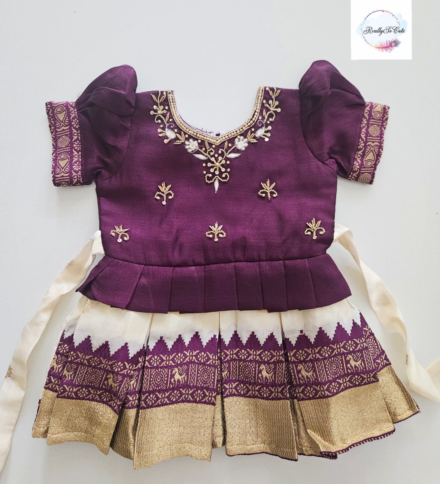 Deep Plum & Ivory Pattu Baby Girl Dress with Handwork | Semi Silk