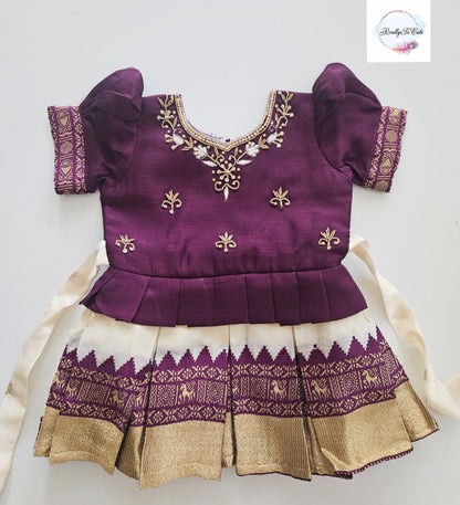 Deep Plum & Ivory Pattu Baby Girl Dress with Handwork | Semi Silk