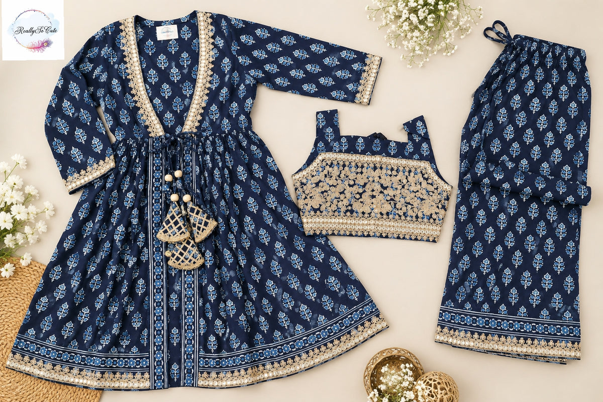 Girls Navy Blue Floral Print 3-Piece Ethnic Sharara Set with Embroidered Jacket