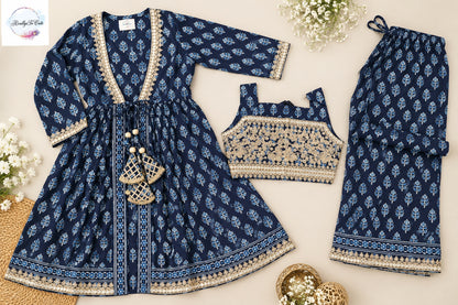 Girls Navy Blue Floral Print 3-Piece Ethnic Sharara Set with Embroidered Jacket