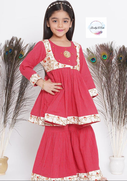 Katha soft cotton kurti sharara dupatta set. Red kurti sharara set, Pre-Order Set - Ships in 3 Weeks