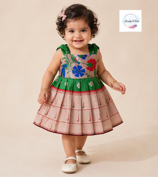 Traditional Paithani Dress for Baby Girls – Green Indian Ethnic Wear (0–4Y)