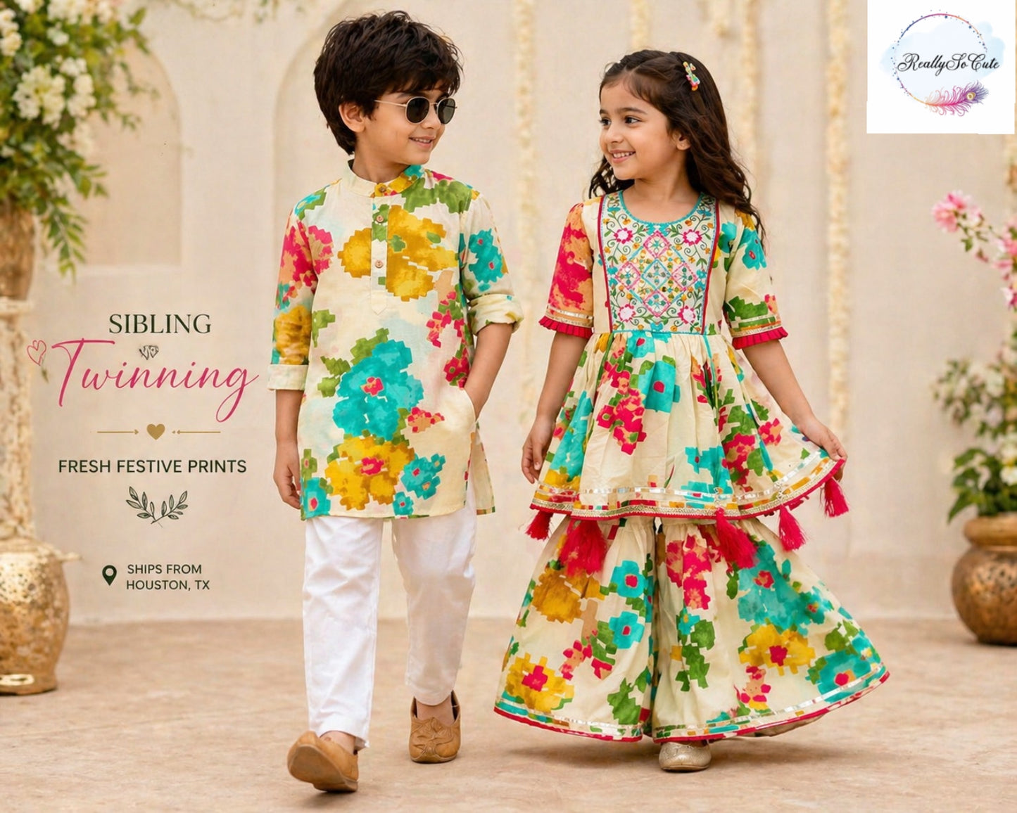 Girls Floral Sharara Set in Pure Cotton | Sibling Matching Outfit | 3M–15Y