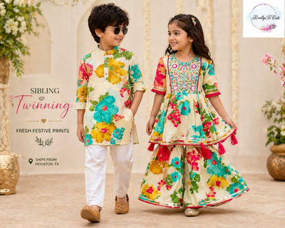 Girls Floral Sharara Set in Pure Cotton | Sibling Matching Outfit | 3M–15Y