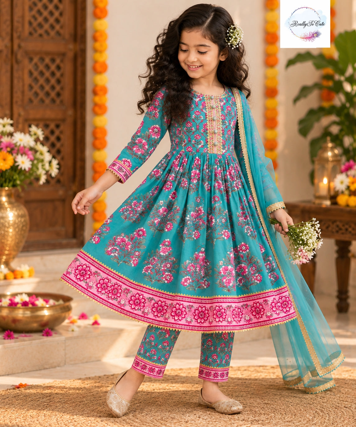 Teal & Pink Floral Pure Cotton Anarkali Set for Girls