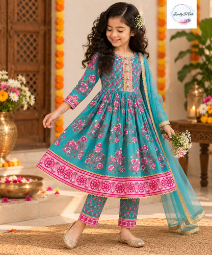 Teal & Pink Floral Pure Cotton Anarkali Set for Girls