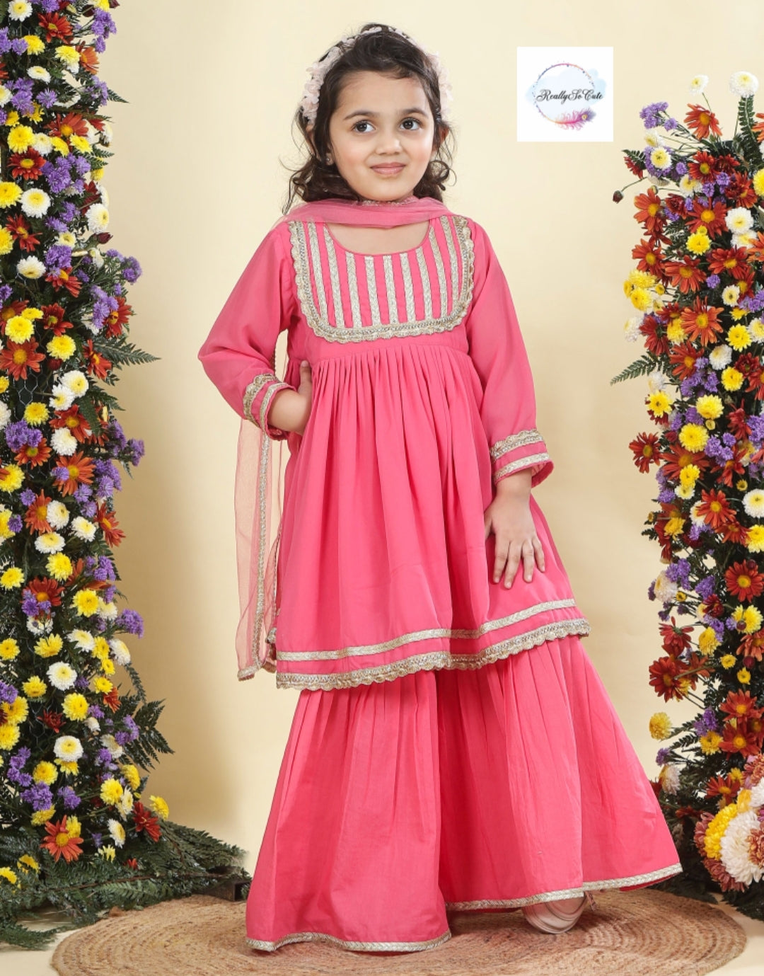 Coral Girls 3 piece sharara Kurti set, Soft Georgette kurti sharara set