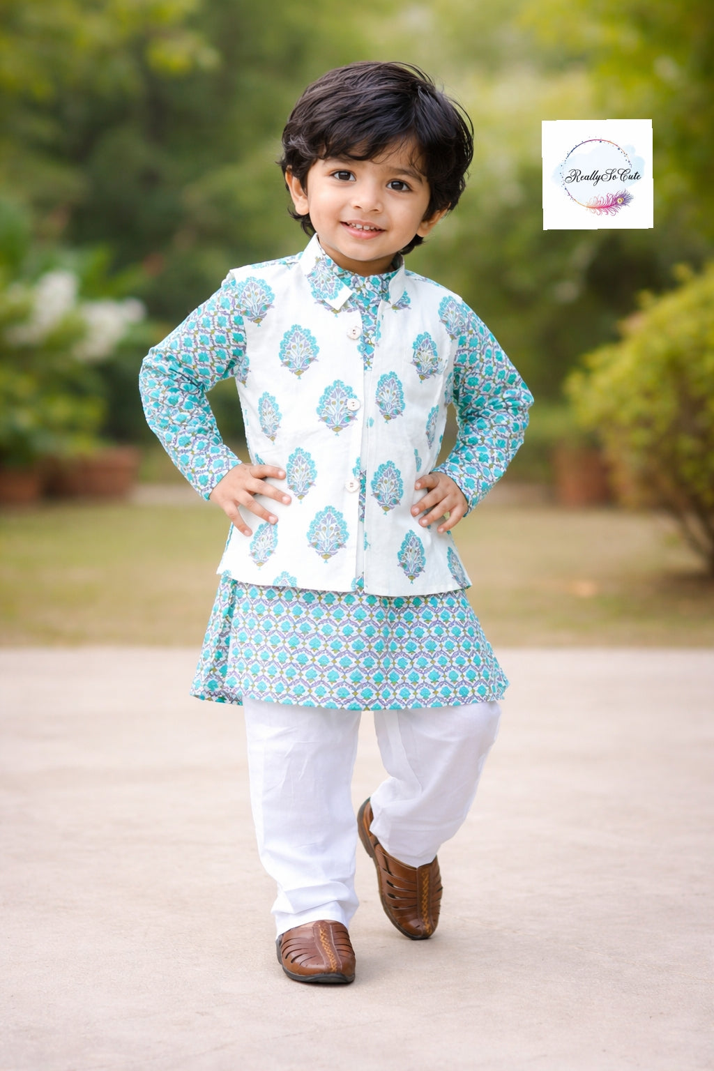 Blue block print jacket kurta pajama set, boy kurta pajama