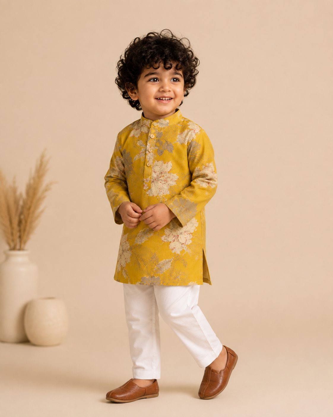 Mustard Floral Pure Cotton Boys Kurta Pajama Set | Sibling Matching Collection