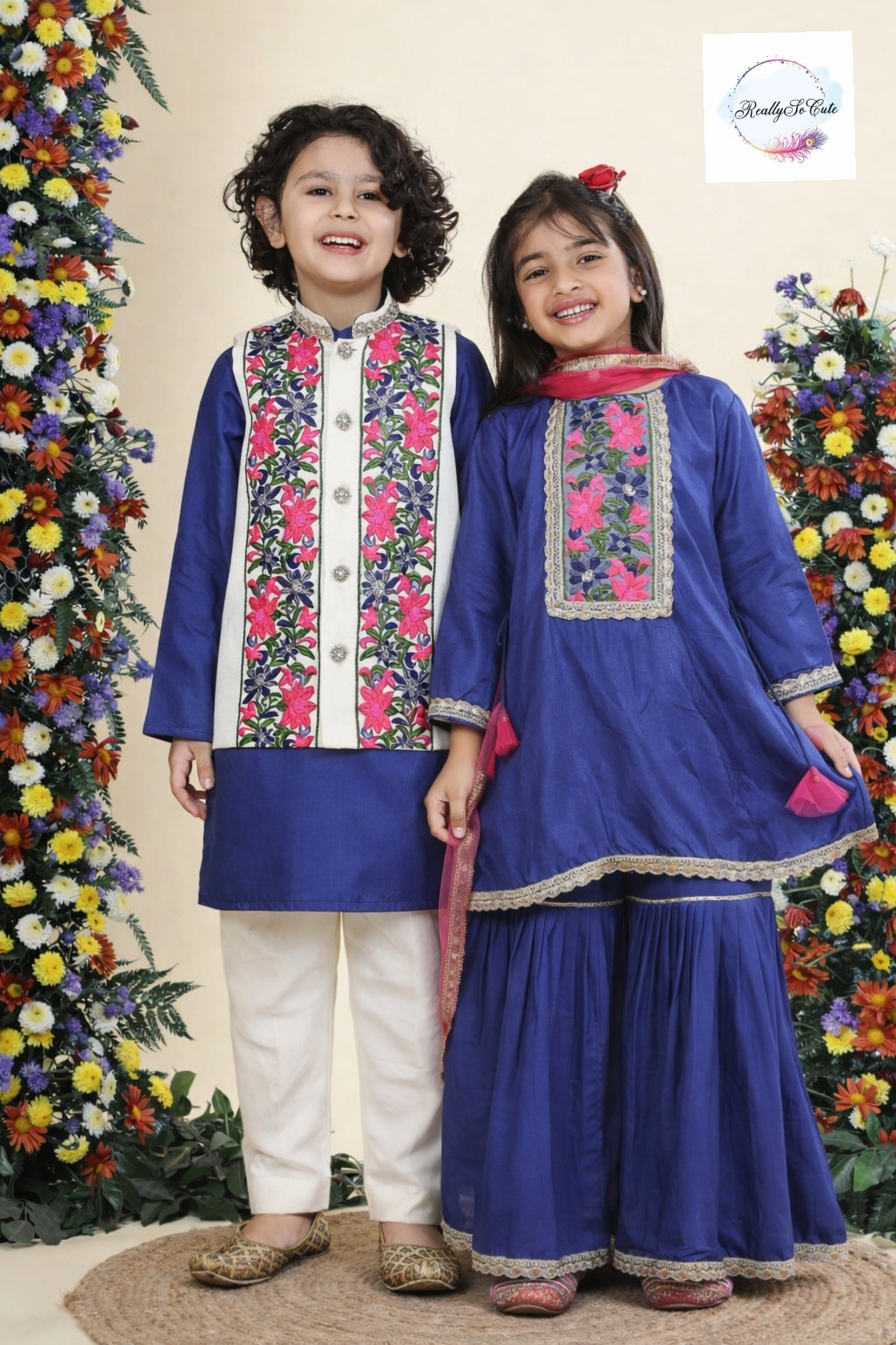 Royal Bloom Chanderi Silk Kurta Set for Boys – Ivory Floral Jacket & Pajama | Sibling Combo Available