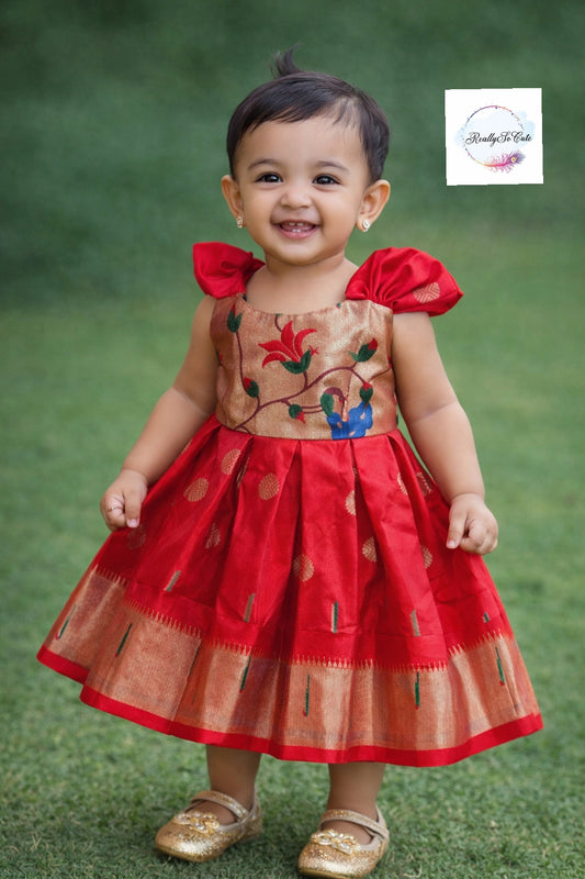 Traditional paithani dresses, baby girls ethnic wear, red Paithani dress