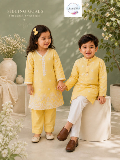 Buttercup Yellow Girls Kurta Sharara Set | Pure Cotton Festive Wear | Sibling Matching Outfit | 3M–15Y