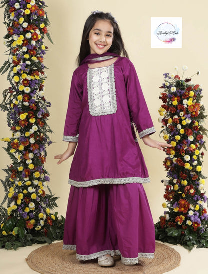 Purple silk kurti sharara dupatta set, Muslin silk kurta sharara