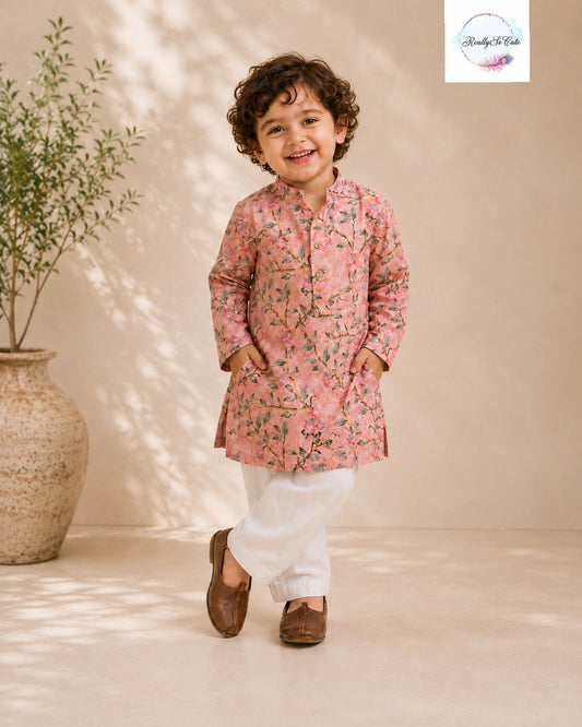 Pink Floral Boys Cotton Kurta Pajama Set | Newborn-15Y | Matching Sibling Outfit