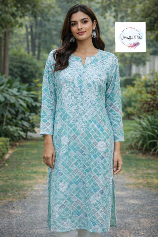 Blue long chikankari kurti