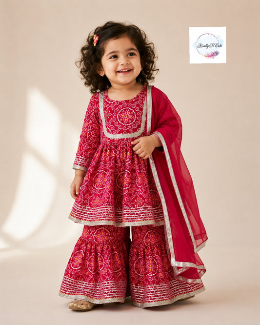 Girls Red Bandhani Print Cotton Kurti Sharara Set with Dupatta