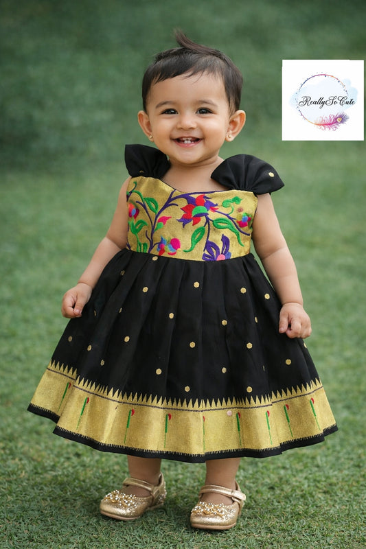 Sankranti black dresses, traditional paithani dresses, baby girls ethnic wear