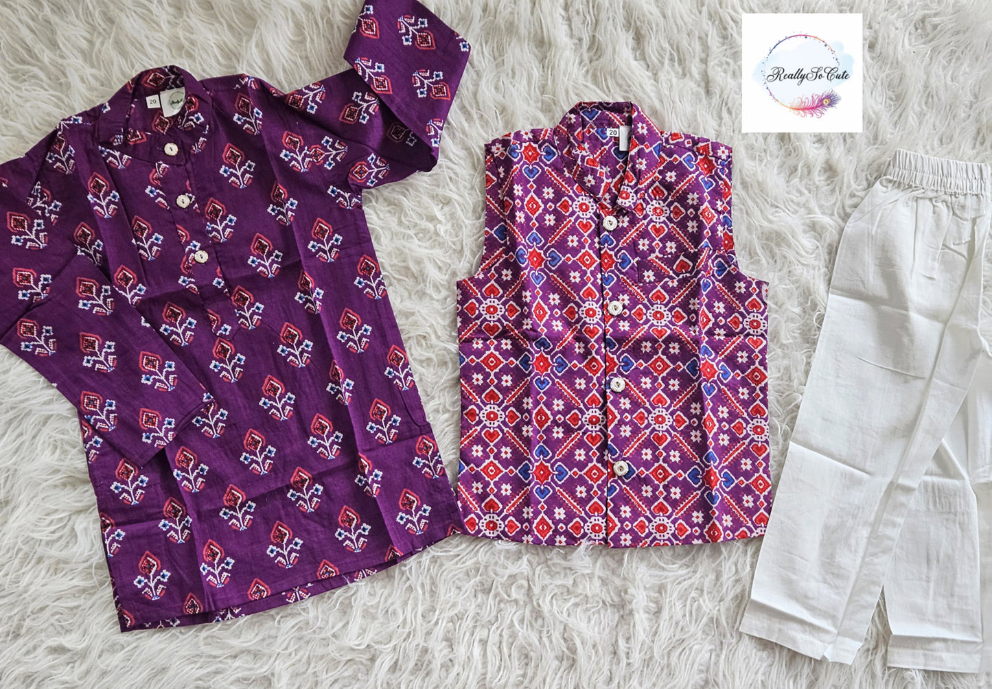 Boys' patola purple kurta pajama with jacket, cotton kurta pajama