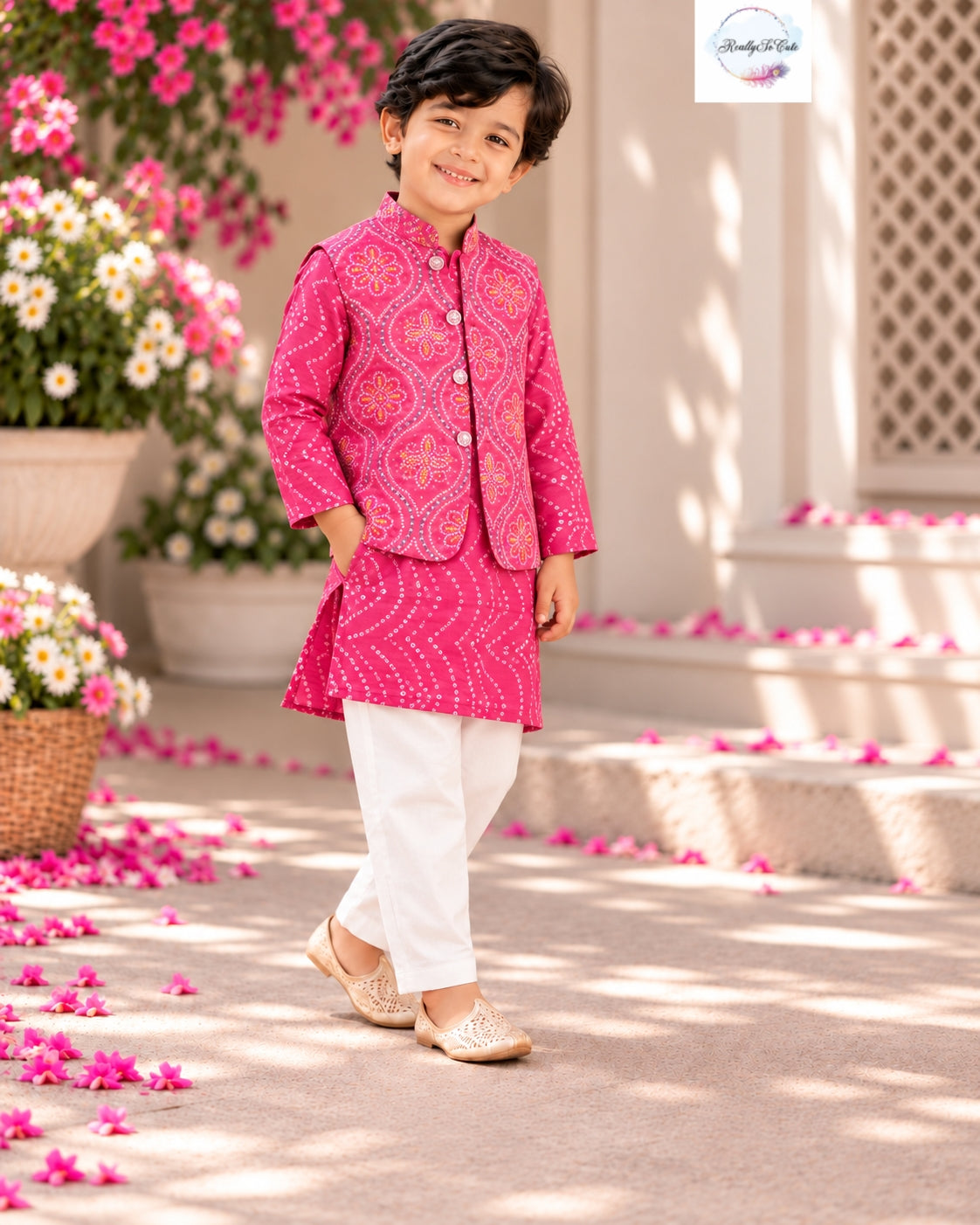 Boys Pink Bandhani Kurta Pajama Jacket Set