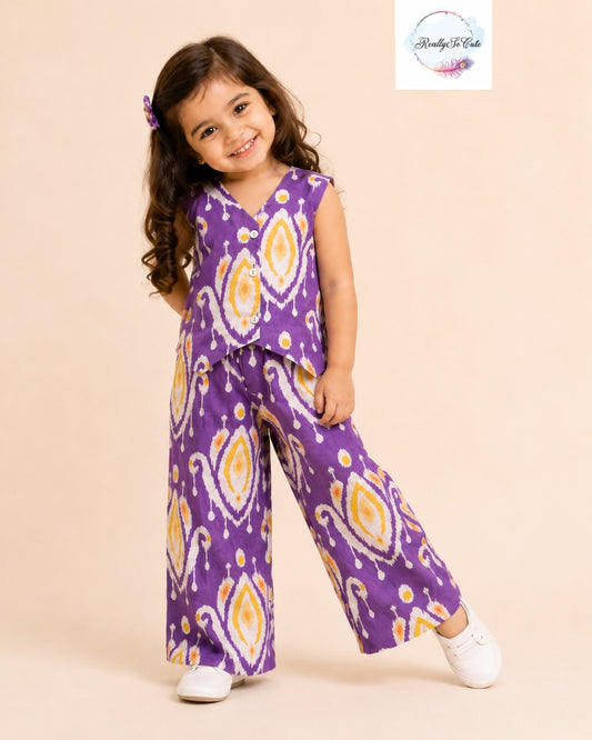 Purple Ikat Print Girls Cotton vest style Co-Ord Set | Sleeveless Ethnic Wear for Kids 3M–13Y