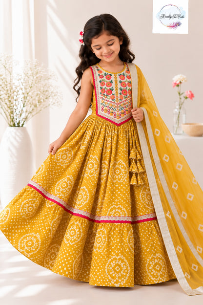 Girls mustard Bandhani Lehenga Choli with Dupatta | Pure Cotton | 6M–15Y