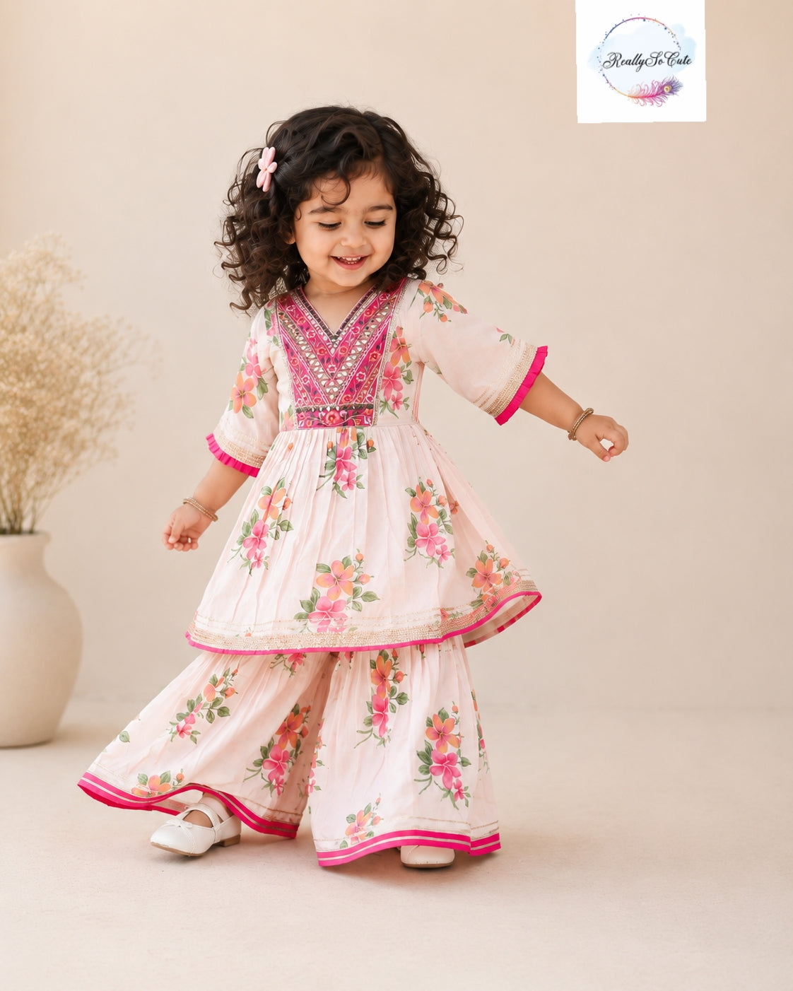 Blush Pink Floral Cotton Sharara Set for Girls | Embroidered Ethnic Wear with Tassel Tie | Sizes 3M–10 Years