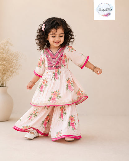 Blush Pink Floral Cotton Sharara Set for Girls | Embroidered Ethnic Wear with Tassel Tie | Sizes 3M–10 Years