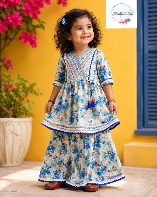 Blue Floral Cotton Sharara Set for Girls | Embroidered Ethnic Wear with Tassel Tie | Sizes 18M–10 Years |