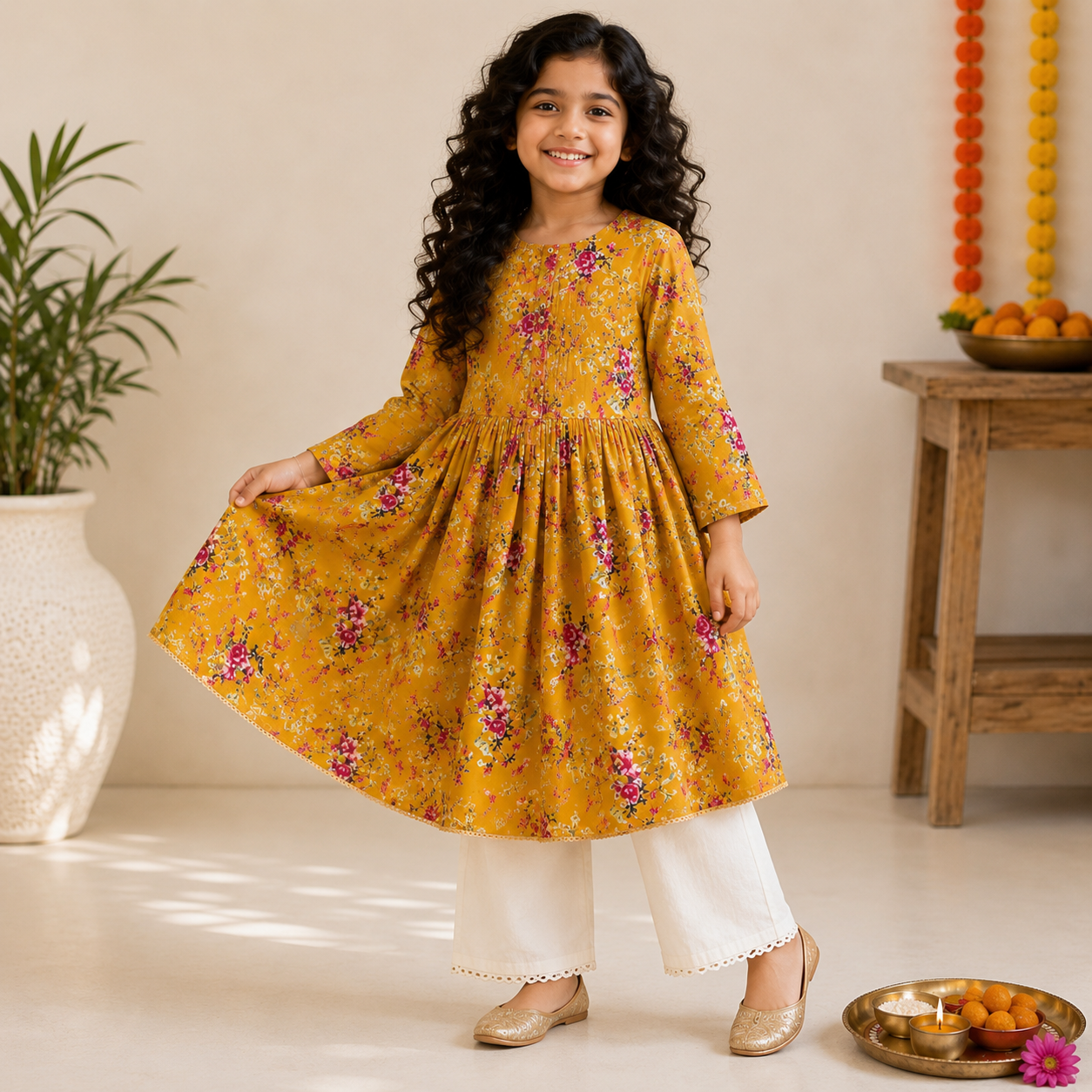 Mustard Floral Pure Cotton Gathered Kurta Set for Girls