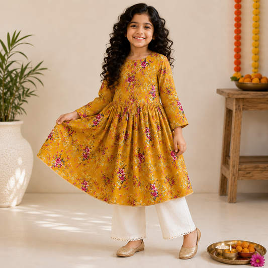 Mustard Floral Pure Cotton Gathered Kurta Set for Girls