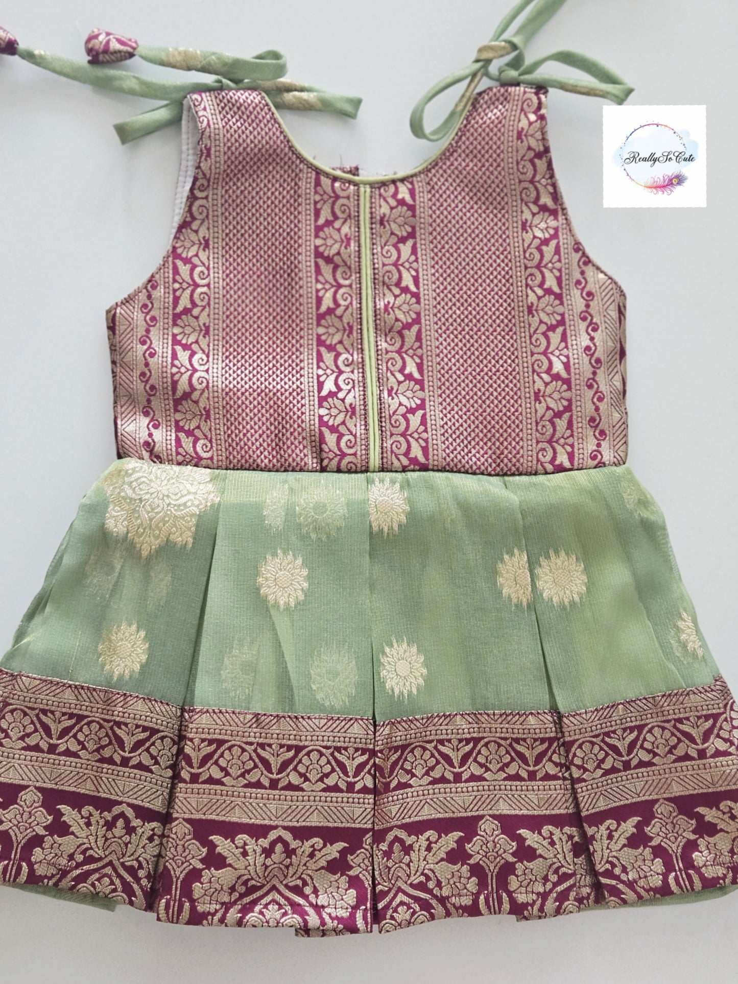 Sage Green & Magenta Pattu Baby Girl Dress with Shoulder Ties | Semi Silk